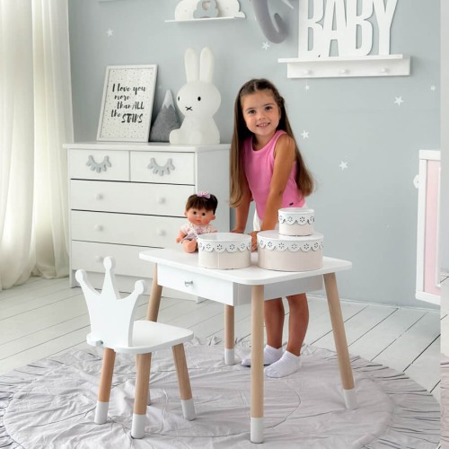 Stolik dla dziecka z szufladą biały i krzesłem korona LalaKids