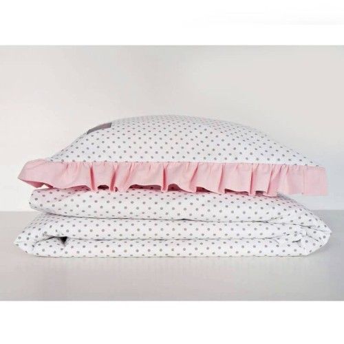 Pościel z falbanką biała szare kropki 120x90 Dolly