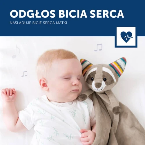 Odgłosy bicia serca mamy przytulanka szumiąca szop Robin Zazu