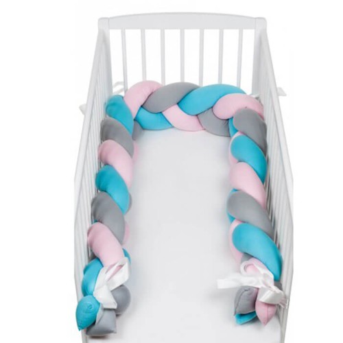 Ochraniacz do łóżeczka warkocz niebieski róż szary 280cm SuperMami