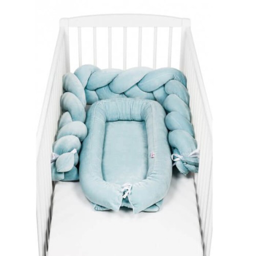 Zestaw kojec+ochraniacz warkocz 200 cm niebieski welur SuperMami