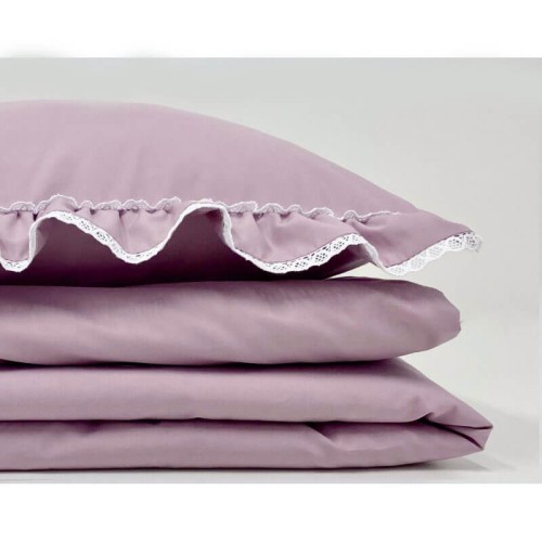 Pościel z podwójną falbanką i koronką szara lawenda 135x100 Dolly
