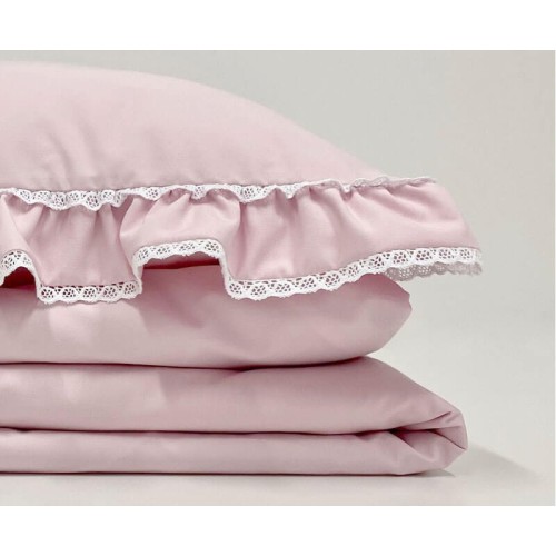 Pościel z podwójną falbanką i koronką pudrowy róż 120x90 Dolly