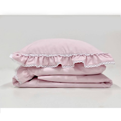 Pościel z podwójną falbanką i koronką pudrowy róż 120x90 Dolly